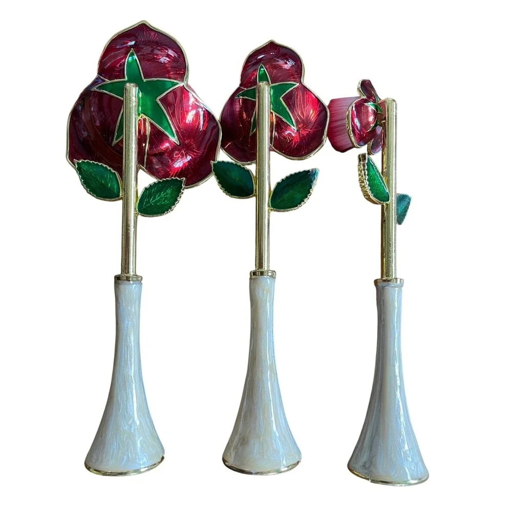 3pc Rose Flower Makeup Brush Set Red Floral Vanity Decor Powder Blush Brushes